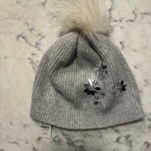 NWT Talbots Gray Knit Beanie with Pom Pom and Sequin Floral Accents